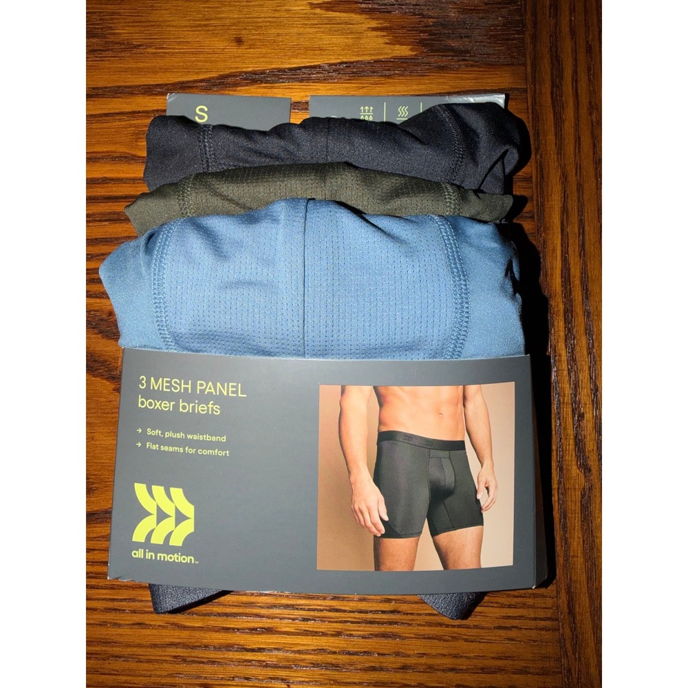 All in Motion Mens 3 Pack Mesh Panel Boxer Briefs Black Olive Blue Small S 30-31